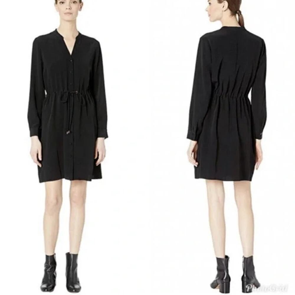 EILEEN FISHER Tencel Lyocell Crepe Drawstring Long Sleeve Dress Size XS Black